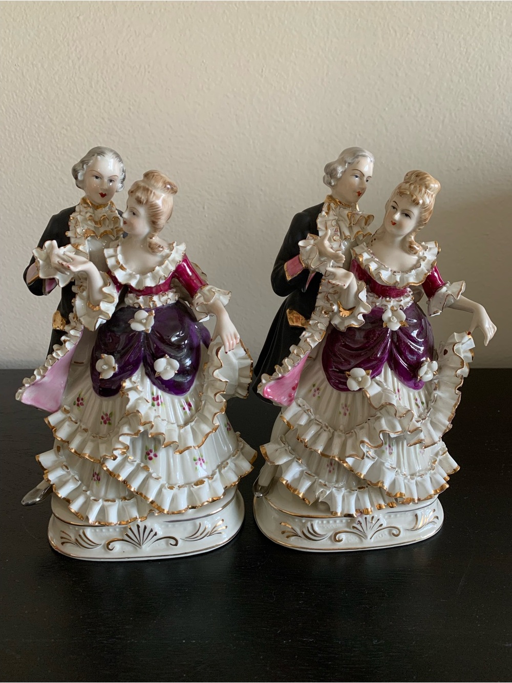 Bone China Lace Porcelain Dancing Couple Set Of 2 Meissen Style Victorian DAMAGE